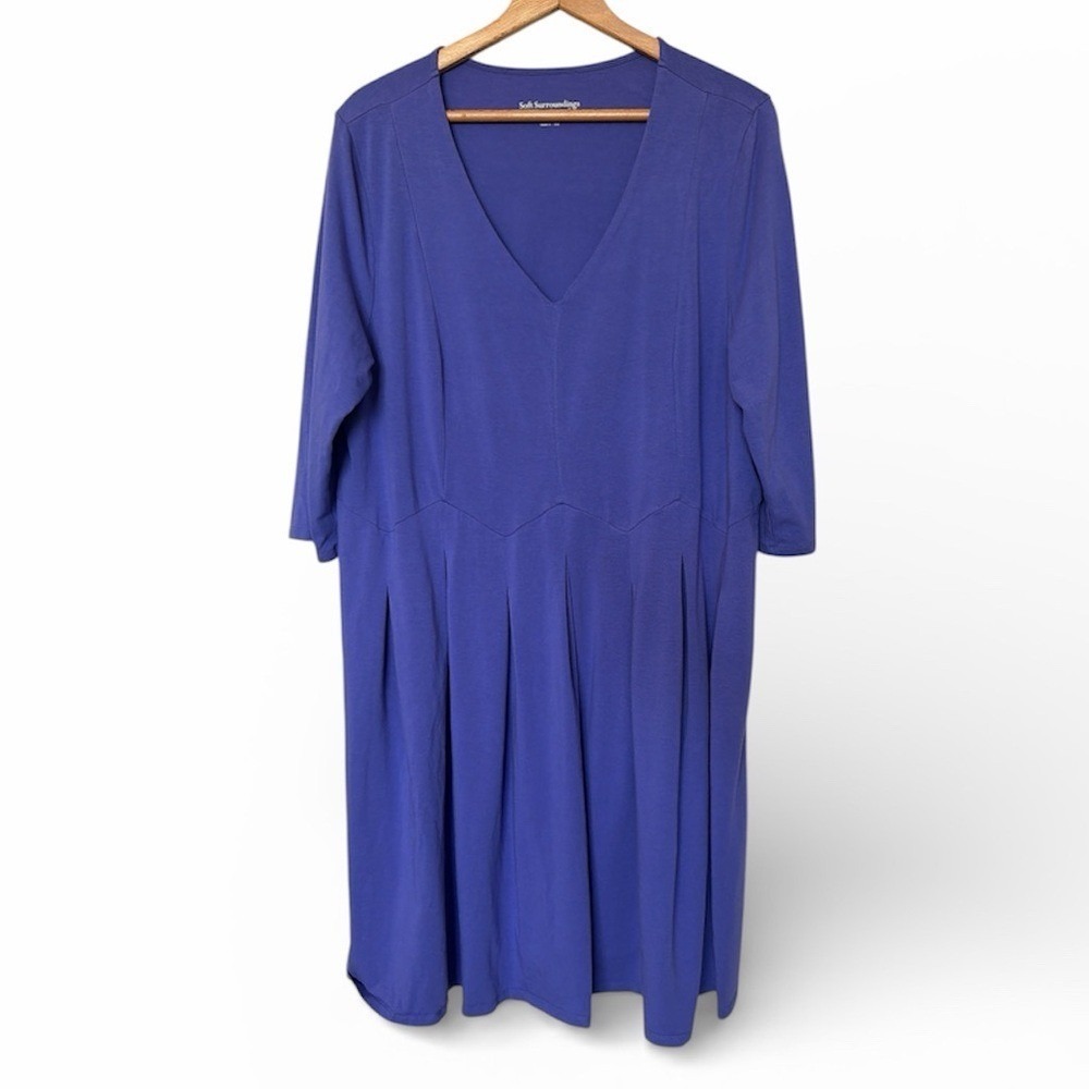 Soft Surroundings Birdsong Dress 1X Purple V-Neck 3/4 Sleeve Pleated Knit SDY67 - Picture 2 of 5